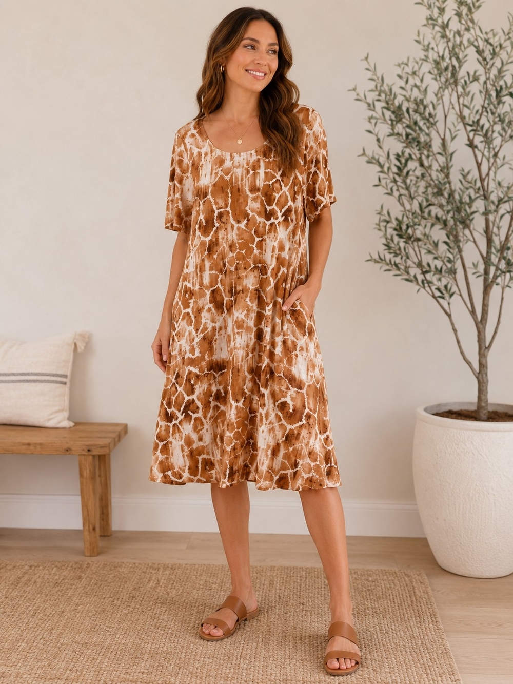 Soft Surroundings Rust and White Tie-Dye Short Sleeve Dress